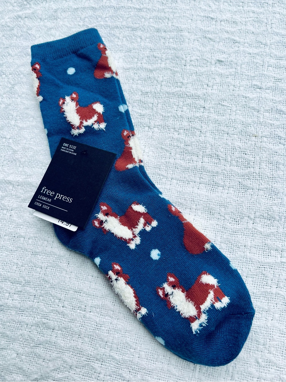 FREE PRESS LEGWEAR BLUE CREW SOCKS with CORGI DOGS